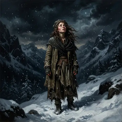 Baroque-Style Portrait of a Hopeful Yet Weary Woman in Chilling Mountain Snow