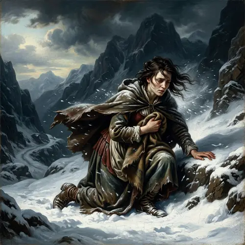 Baroque Style Portrait of a Young Woman Braving the Snow-Covered Mountains