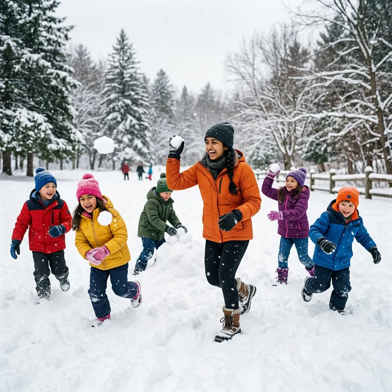 Fun Snowball Fight with Young Woman and Kids