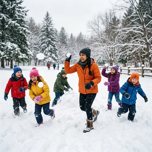 Joyful Snowball Fight with South Asian Woman and Children