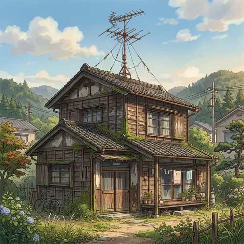 Nostalgic Old Wooden House with Antenna | Anime V3 Style
