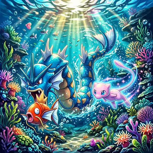 Dynamic Wallpaper of Gyarados and Magikarp Chased by Mew