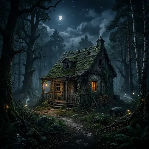 Fantasy Dark Forest Scene with Dilapidated Cabin | Magic Atmosphere