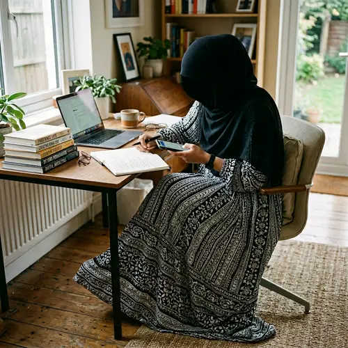 Freelance Muslim Woman in Long Dress with Cell Phone and Books