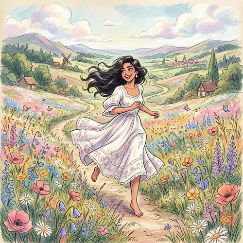 Hispanic Woman Running in Flowery Meadow | Anime-Style Art
