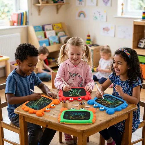 Playful Children Drawing on Crab-Shaped Tablets