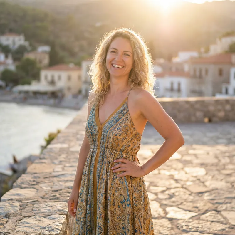 Elegant Blonde Woman in Flowing Dress