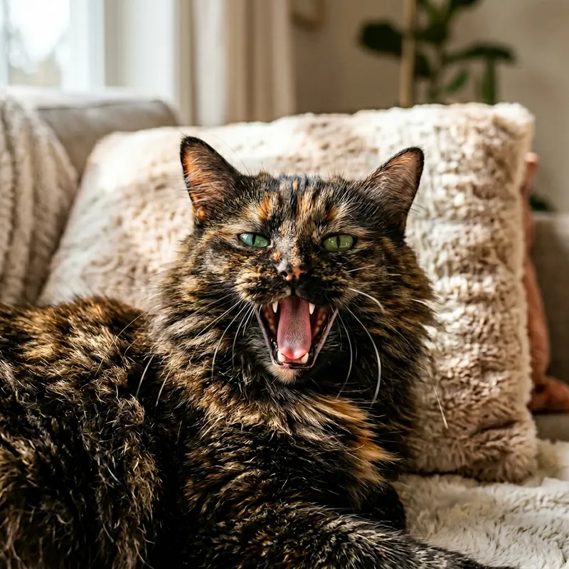 Beautiful Espresso Brown Cat in Mid-Yawn Pose