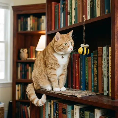 Ginger and White Domestic Cat with Green Eyes on Bookshelf