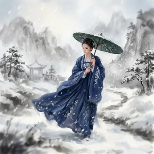 Chinese Woman in Winter Wonderland - Brushstroke Oil Painting
