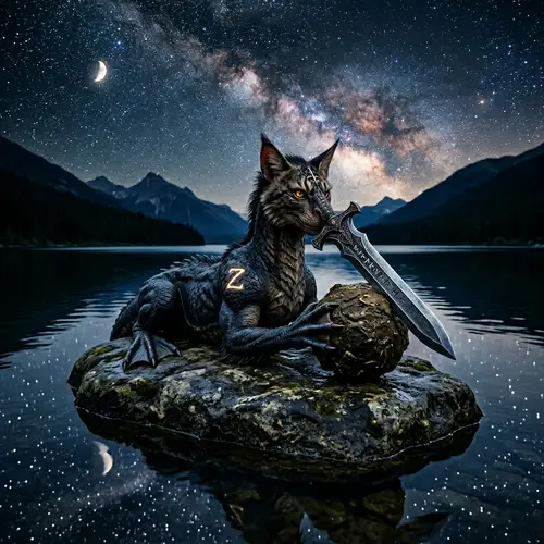 Mythical Creature with Sword Nose and Flippers | Tranquil Night Scene