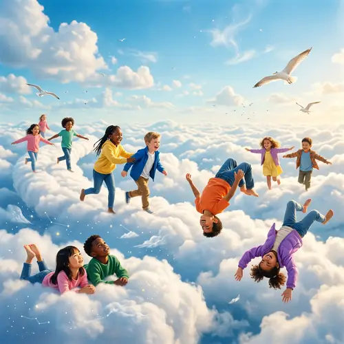 Whimsical Children Walking on Clouds | Magical Sky Scene