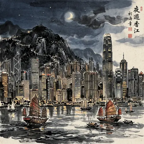 Hong Kong Skyline at Night: Traditional Chinese Brush Painting Style