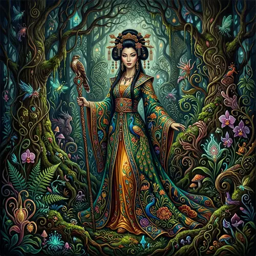 Mysterious Asian Woman in Vibrant Gown - Art Nouveau Inspired