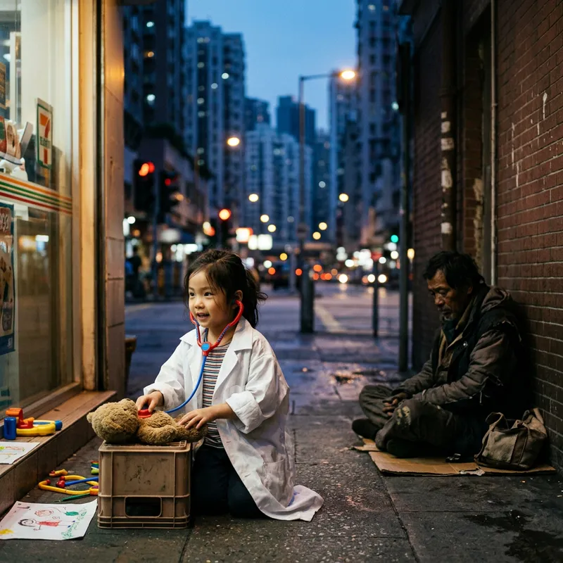 Dreams of Hope: Contrasting Lives in Evening Cityscape
