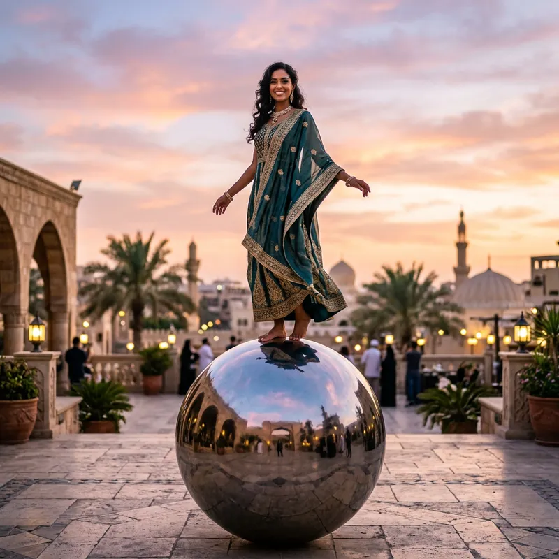 Graceful Balance: Middle-Eastern Woman on Sphere