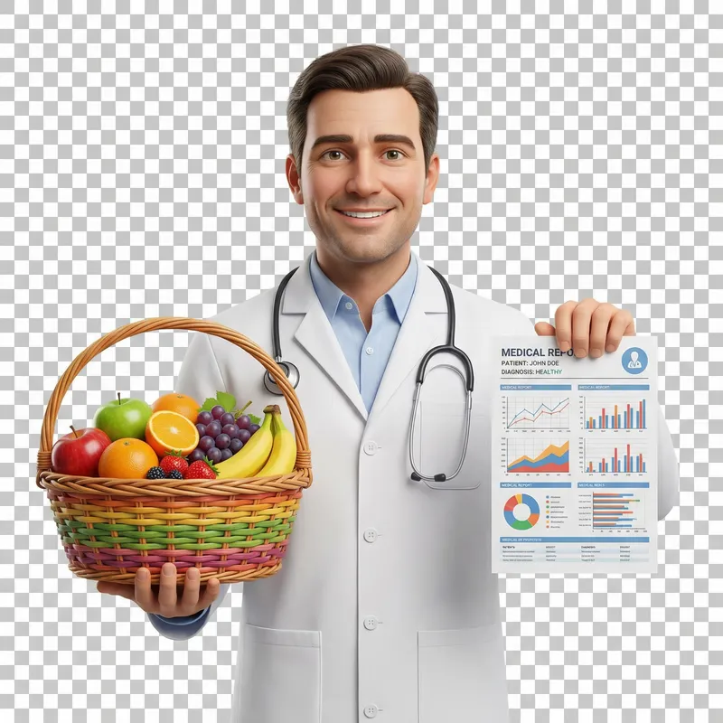 Professional 3D Doctor Mascot with Fruit Basket Professional 3D Doctor Mascot with Fruit Basket