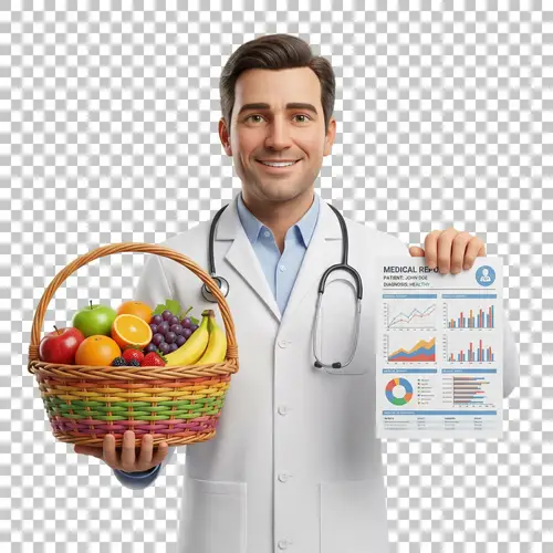 Professional 3D Doctor Mascot with Fruit Basket