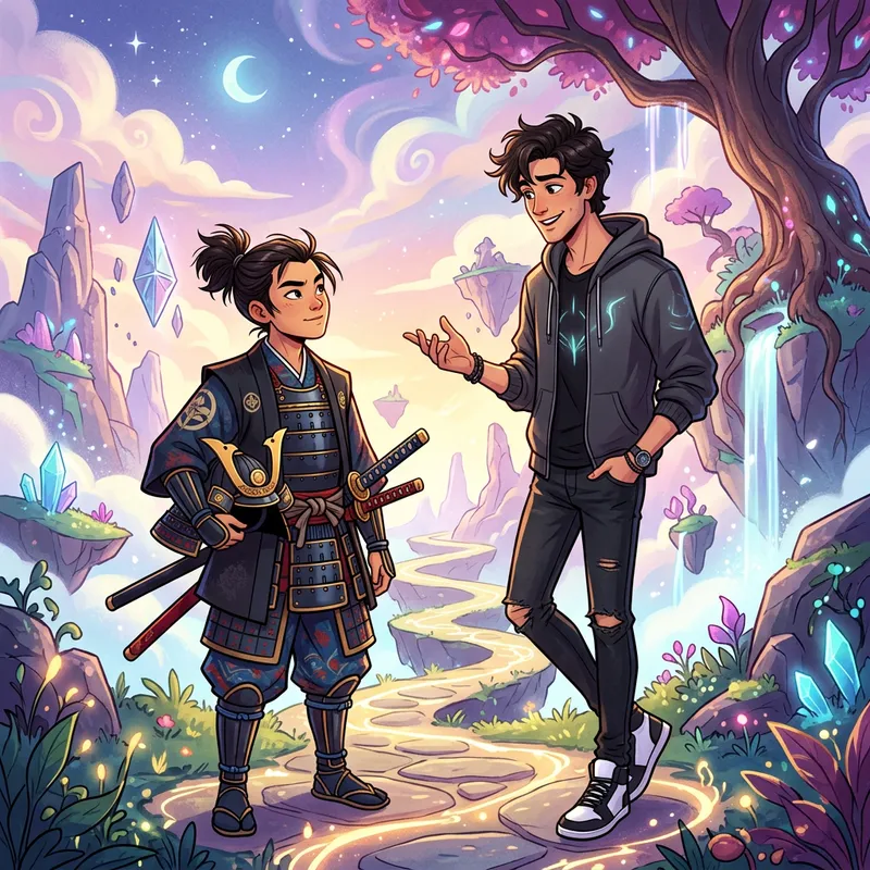 Samurai Jack meets Charlie Morgnistar in a Whimsical Landscape