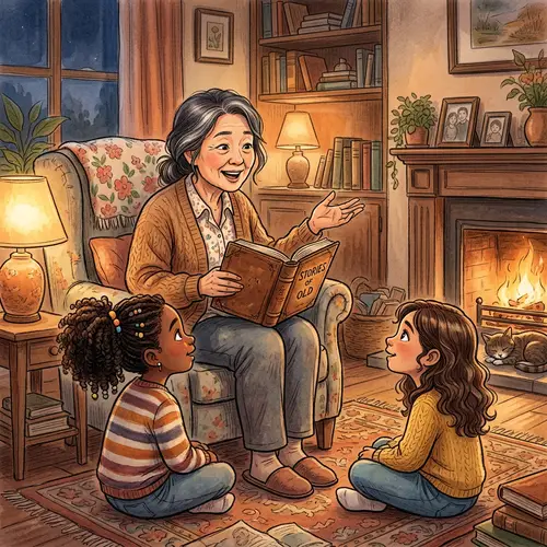 Captivating Storytelling: Diverse Group Enthralled by Wise Narrator