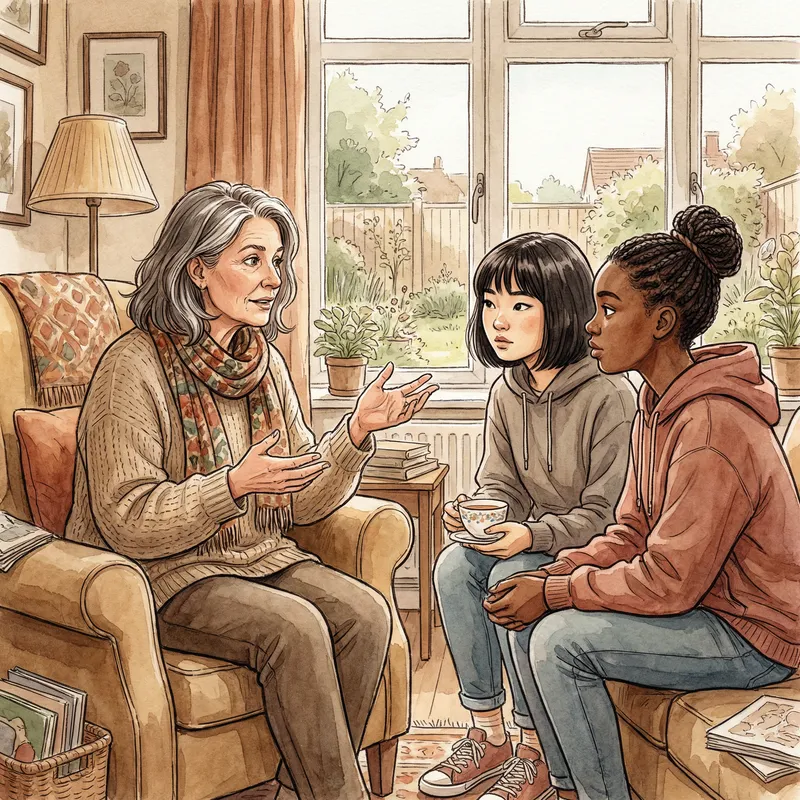 Engaging Storytelling: Woman Sharing Past with Teenagers