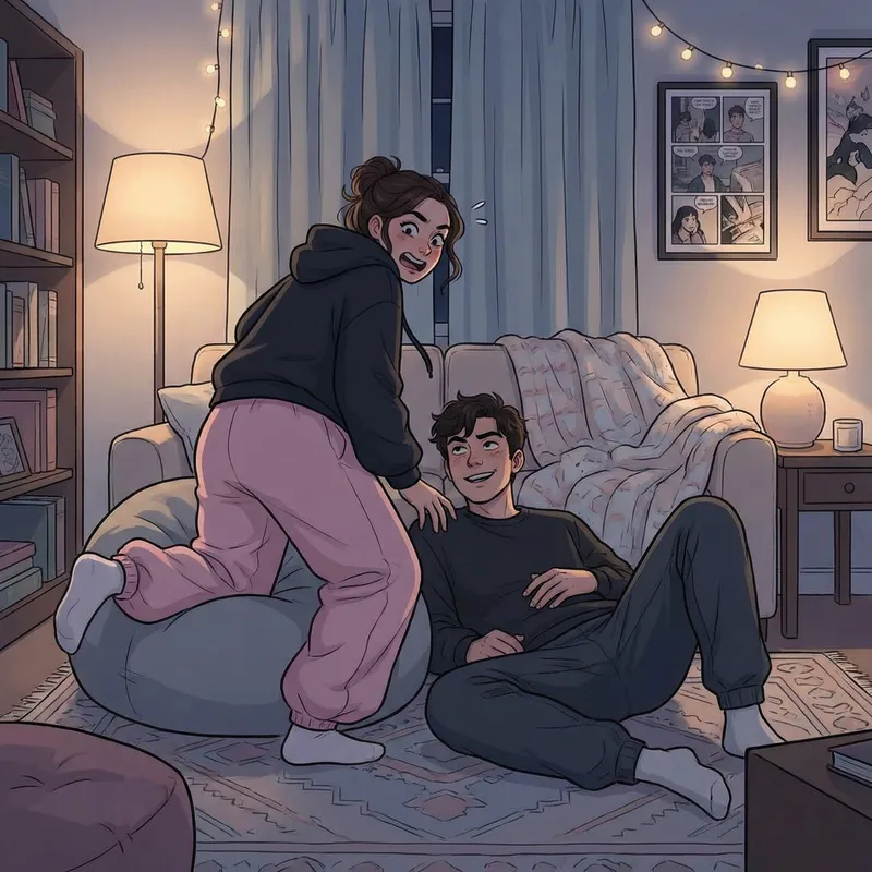 Whimsical Dark Living Room Scene with Exaggerated Expressions