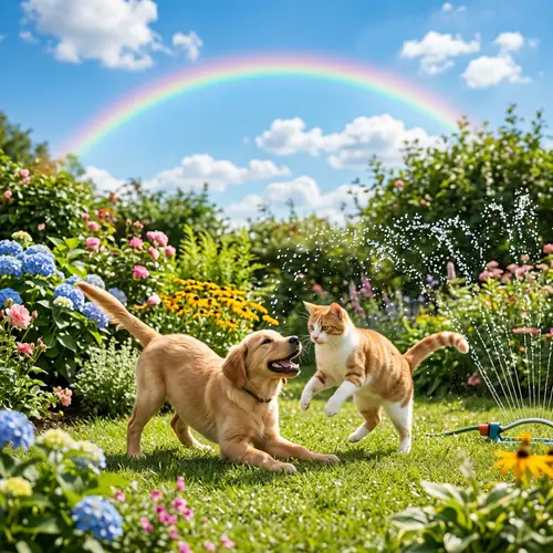 Cat and Dog Playing in a Colorful Garden