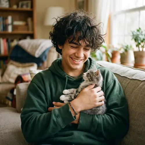 Teenage Boy Embracing Grey Kitten | Expressing Love and Friendship