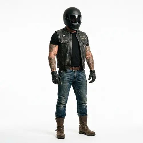 Muscular Motorcyclist in Black Leather Gear