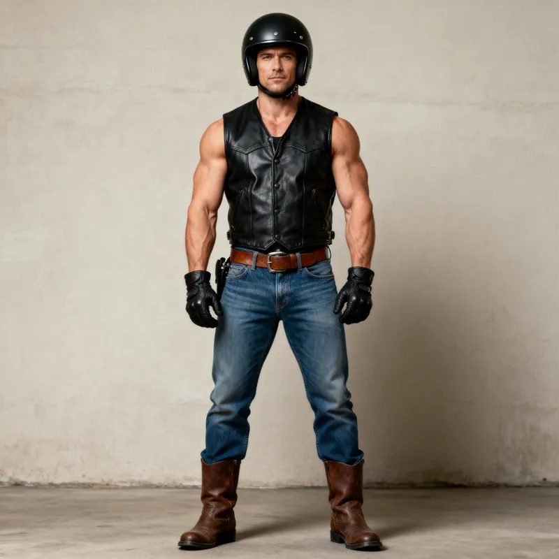 Muscular Motorcyclist in Black Leather Gear