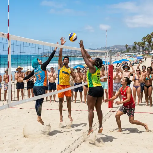 Sunny Beach Volleyball Match with Diverse Players
