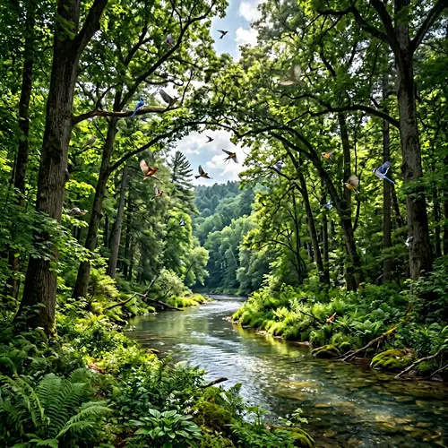 Lush Forest with Tall Trees and Flying Birds