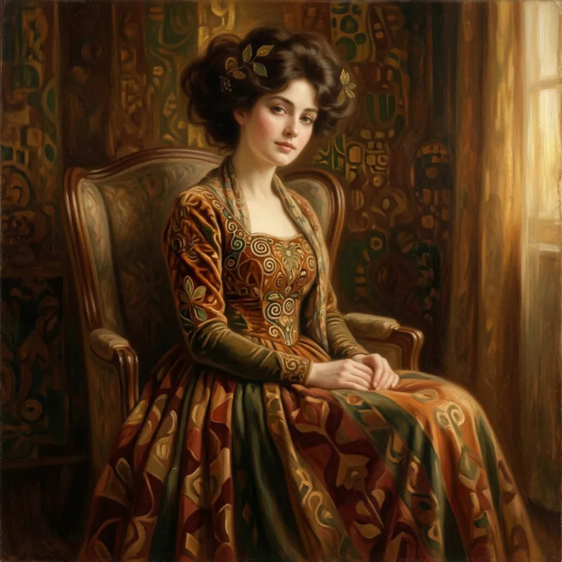 Gustav Klimt Style Sensuous Woman | Soft Brushstrokes & Earthy Palette