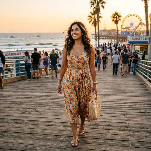 Confident Hispanic Woman Radiating Positivity on Boardwalk