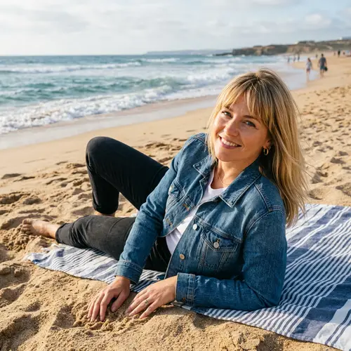 Blonde Woman in Denim Jacket Relaxing on Beach
