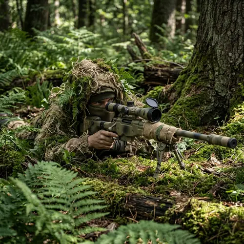 Stealthy Sniper in Verdant Forest | High-Stakes Rifle Targeting