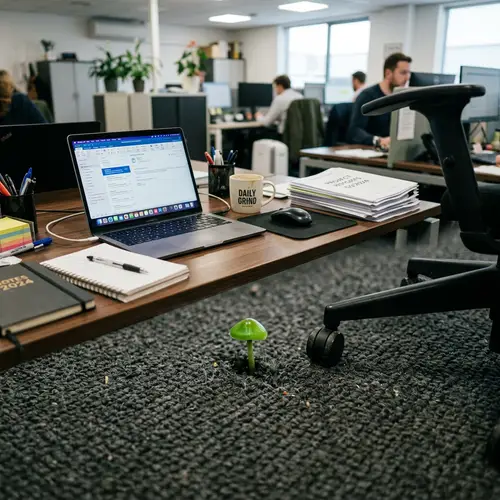 Green Mushroom in Office Environment | Company Growth Concept