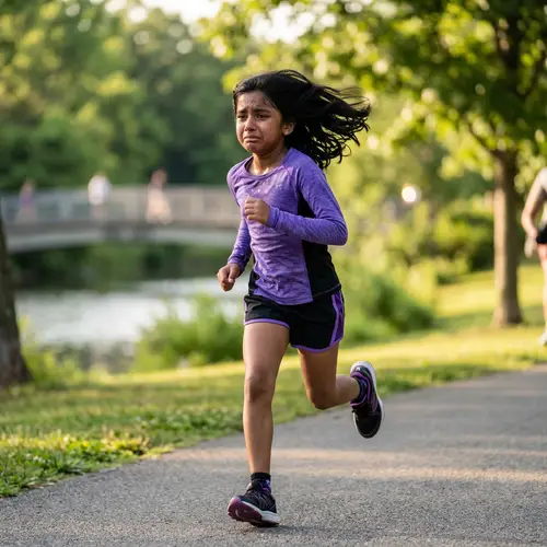 Expressive South Asian Girl Running in Purple and Black Outfit