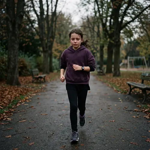 Sorrowful Girl Running in Purple and Black