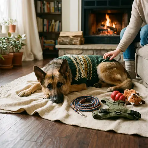 Cozy German Shepherd in Sweater with Leash, Harness, & Toy
