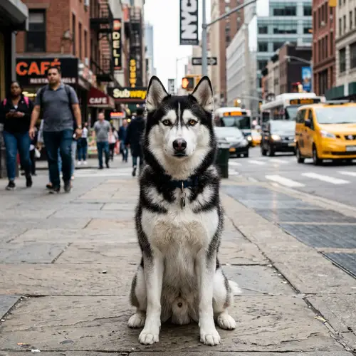Siberian Husky with Black and White Fur in City Setting