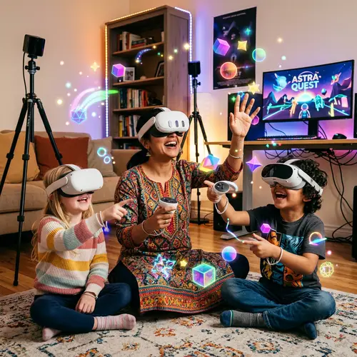 Virtual Reality Experience: Joyful South Asian Woman & Kids