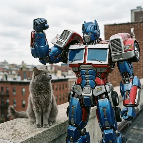 Transformative Vehicle Hero and Grey Domestic Feline Encounter