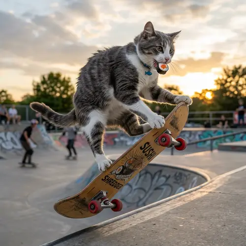 Skateboarding Cat Enjoys Sushi Adventure