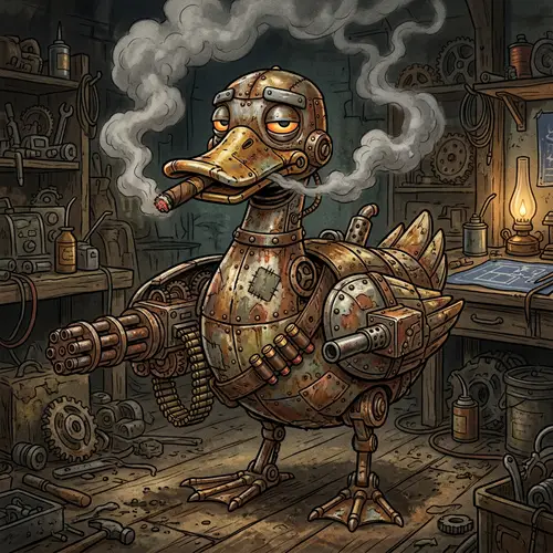 Mechanical Duck with Integrated Weapons - Combat-Ready Automaton