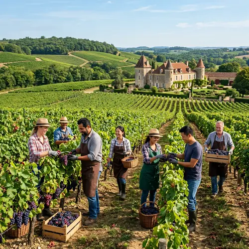 Bountiful Vineyard Scene with Diverse Workers | Winery Harvest
