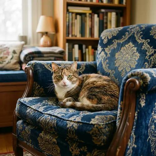 Vintage Style Armchair with Unique White and Brown Patched Cat