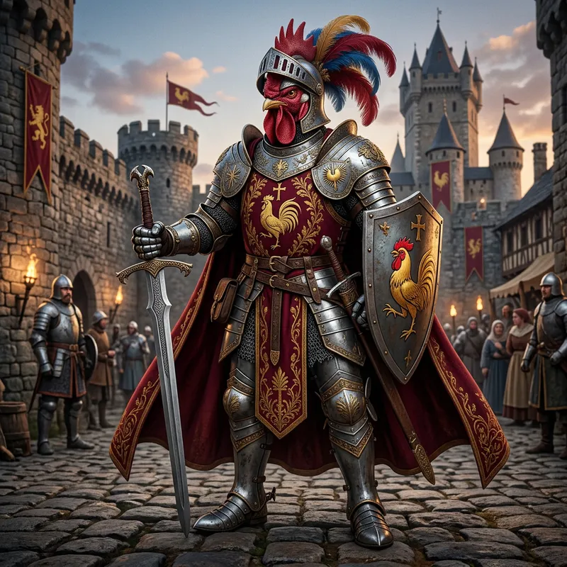 Medieval Anthropomorphic Rooster Paladin in Heavy Armor