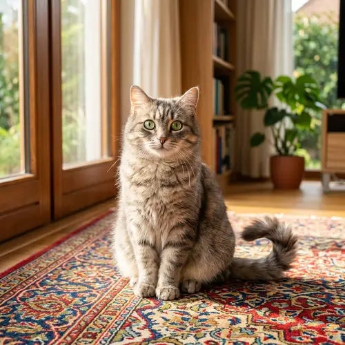 Adorable Domestic Cat with Striking Green Eyes on Bright Patterned Carpet
