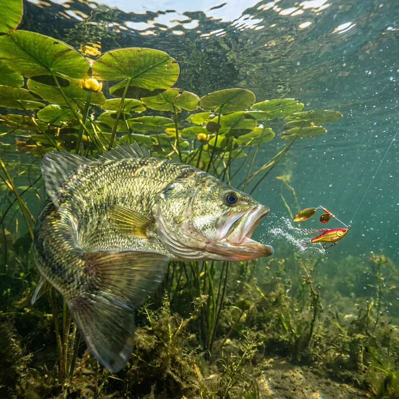 Energetic Big Bass Chasing Lure in Lily Pads | Freshwater Lake